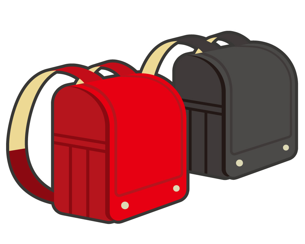 Two cartoon-style backpacks, one red in front and one black behind, with beige straps on a white background.