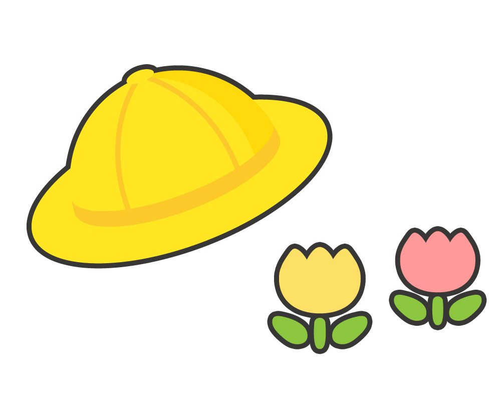 Yellow pith helmet with two tulips (yellow and pink) and green leaves in a playful illustration.